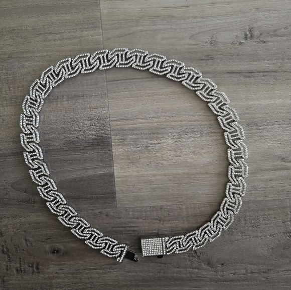 Elegant Iced Out Fully Rhinestone Figaro H-shape Silver Chain Necklace 22" - Picture 11 of 11